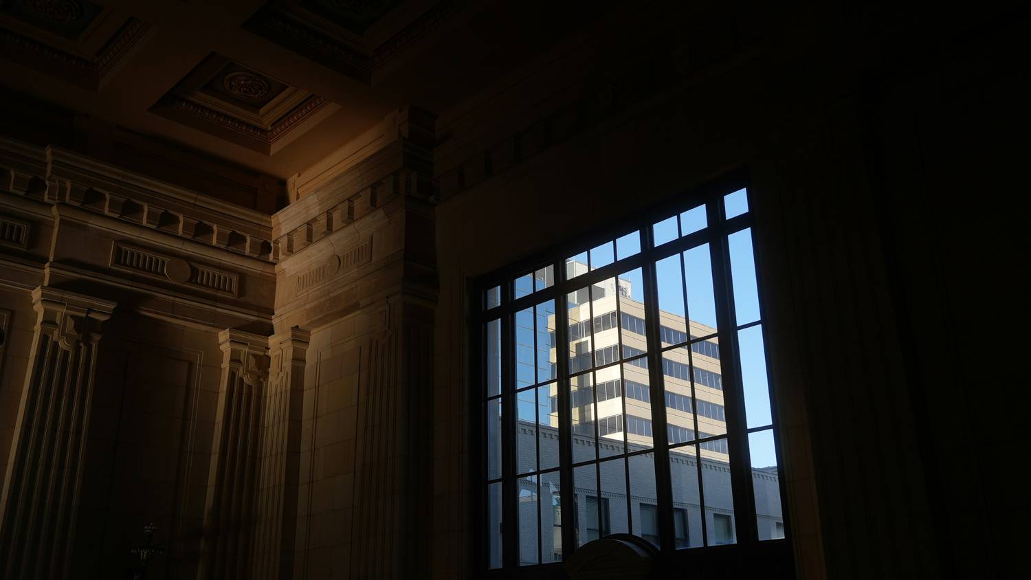 Early morning view of a California courthouse hallway before hearings begin